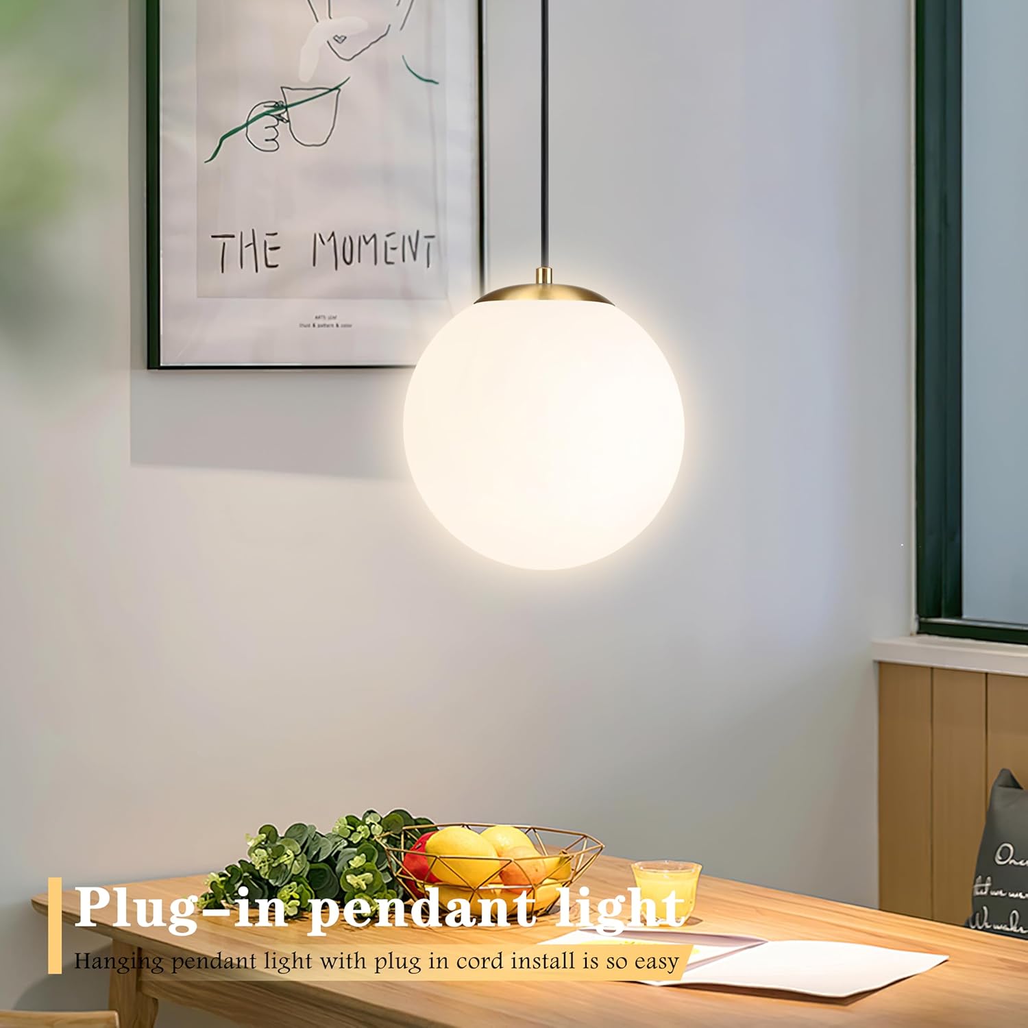 KoKo&Yukina 10" Globe Pendant Light Gold Plug in Pendant Light Adjustable Hanging Lights with Plug in Cord Brushed Gold Finished with Milk Glass Lampshade for Bedroom Kitchen Island（Bulb Included）