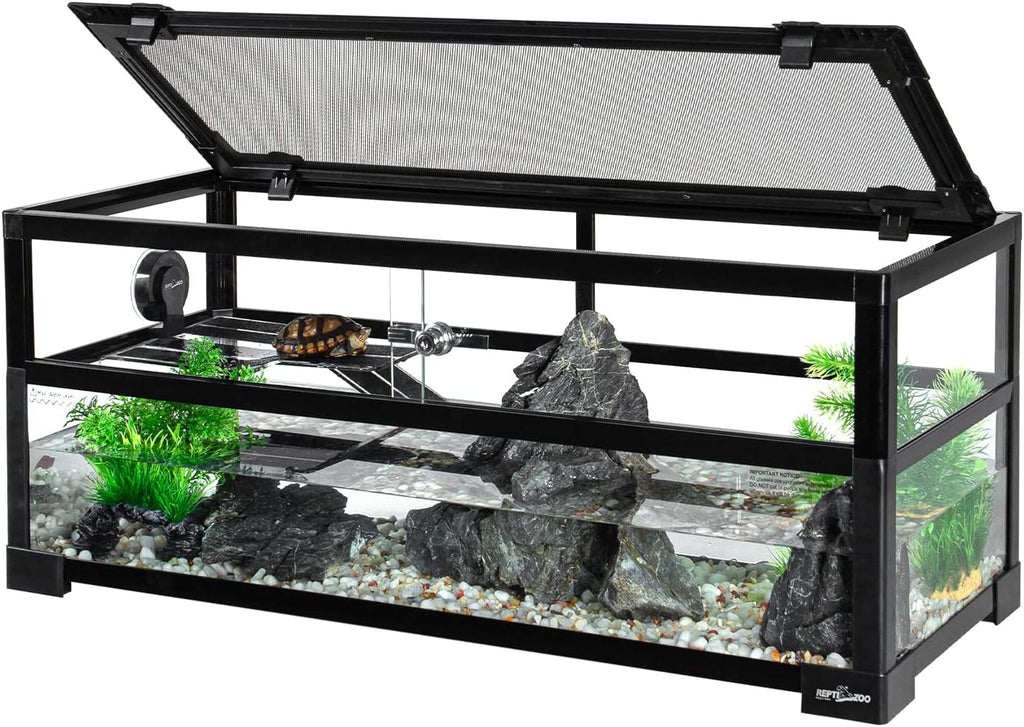 REPTIZOO 18 Gallon Turtle Tank Aquarium, 30"×12"×12" Tortoise Habitat Water-Land Ecological Turtle Tank with Drainage System Aquatic Aquarium