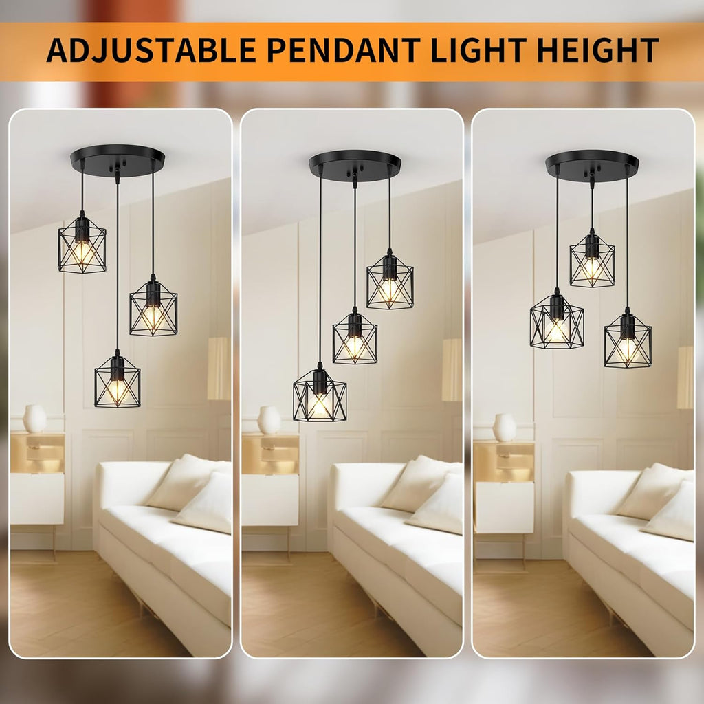 3-Light Pendant Lighting, Farmhouse Hanging Light Fixture for Kitchen Island & Dining Room, Industrial Vintage Ceiling Lamp with E26 Base, Adjustable Height, Matte Black