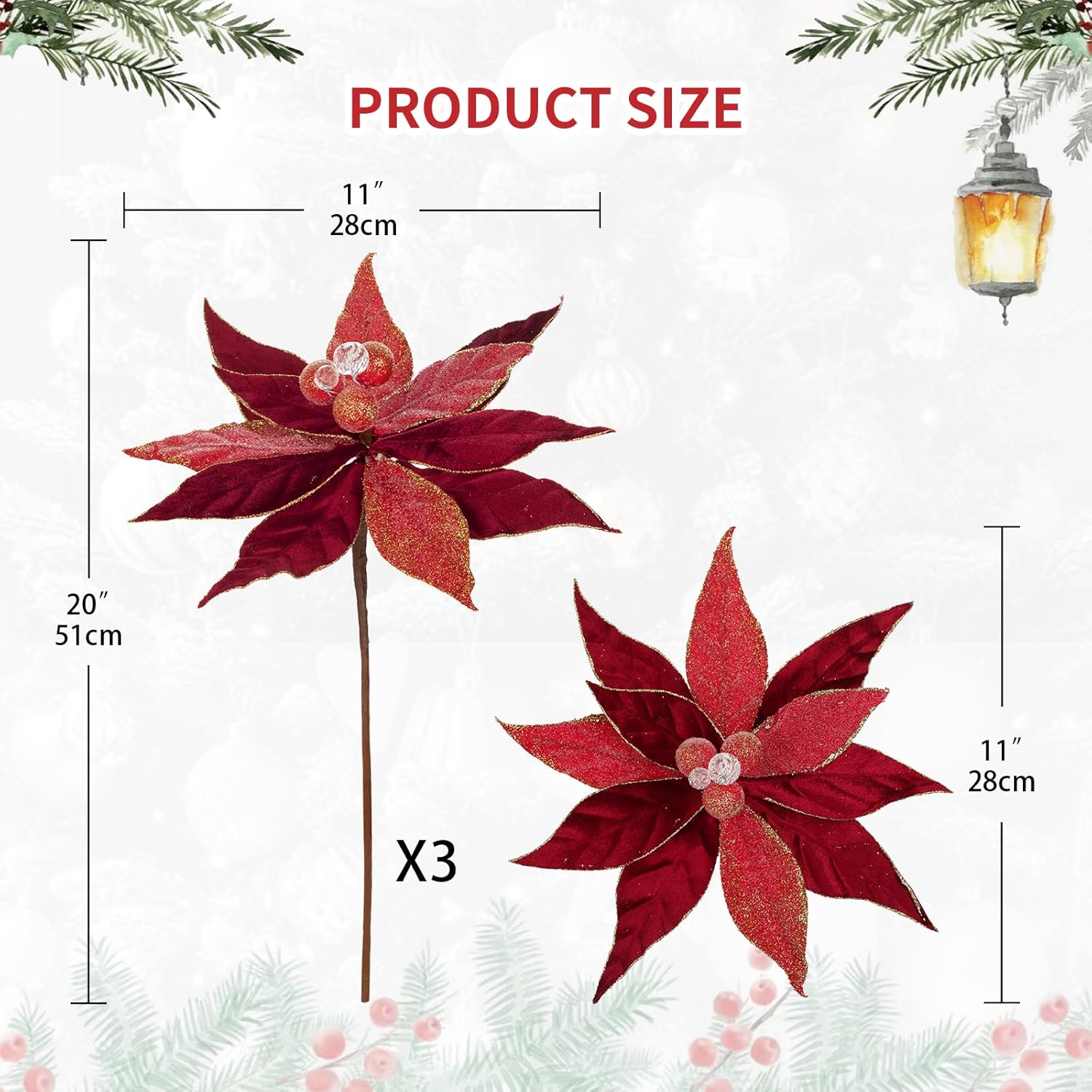 Hollyone 3PCS Poinsettia Christmas Flowers Artificial 11" Large Velvet Red Glitter Poinsettia Flowers Christmas Tree Ornaments Floral Picks for Tree Wreath Garland Vase Table Centerpiece Home Decor