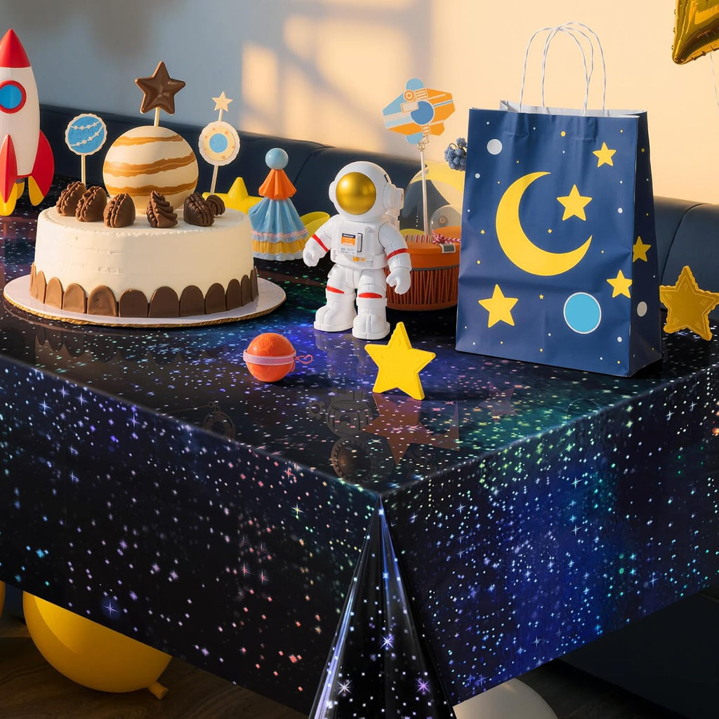 2 Pack Iridescent Galaxy Holography Tablecloth, 54'' x 108'' Color-Shifting Space Table Cover with Reflective Stars, Disposable Plastic, Waterproof & Durable for Starry Night, Birthday, Party Décor
