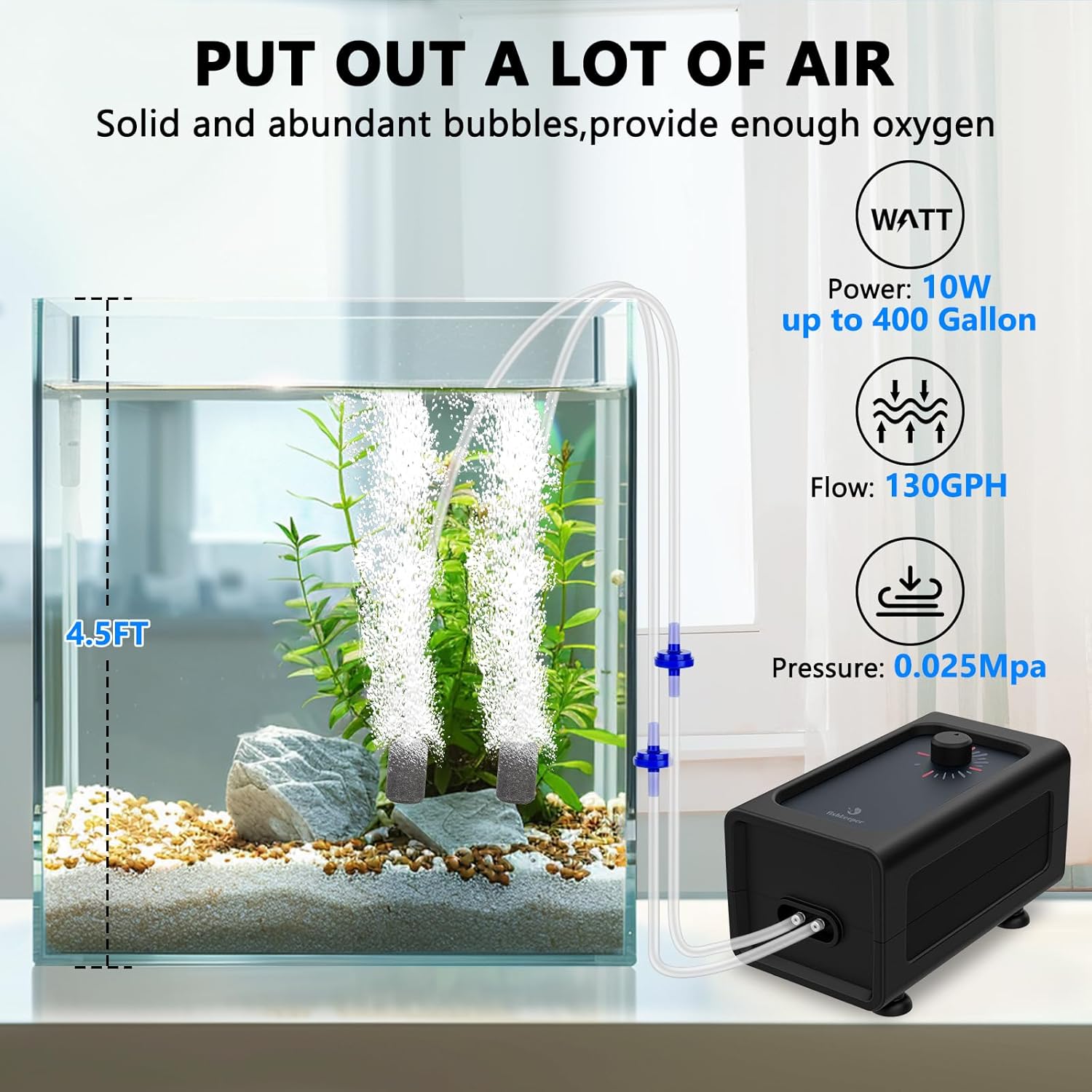 Fishkeeper Aquarium Air Pump, Quiet Powerful Fish Tank Air Pump, 6W/10W Adjustable Oxygen Pump, Metal Dual Outlets Aerator with Air Stone Bubbler for Fish Tank up to 200 Gallon 10W