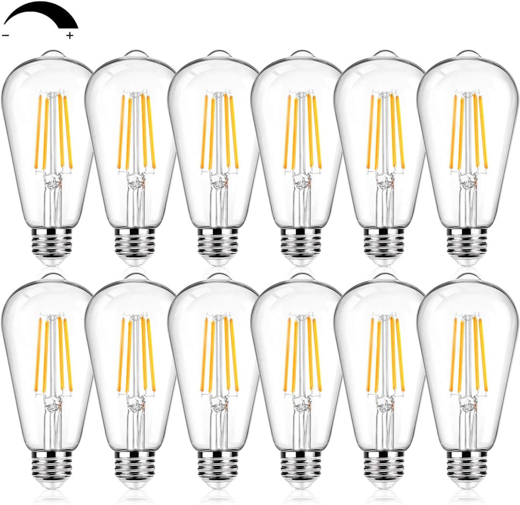 12Packs ST64 Large Vintage LED Edison Bulbs, 60W Equivalent 7W, 800Lumens, Dimmable Antique LED Filament, 2700K Warm White, E26 Medium Base Light Bulbs High Brightness Clear Glass for Bedroom Office