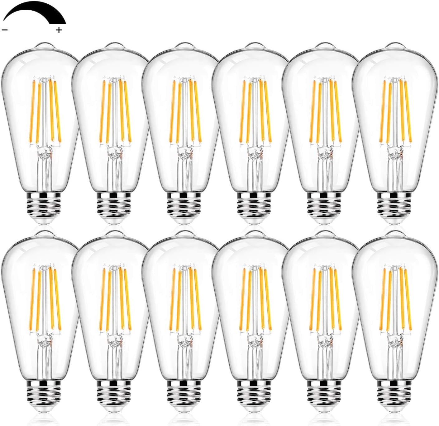 12Packs ST64 Large Vintage LED Edison Bulbs, 60W Equivalent 7W, 800Lumens, Dimmable Antique LED Filament, 2700K Warm White, E26 Medium Base Light Bulbs High Brightness Clear Glass for Bedroom Office