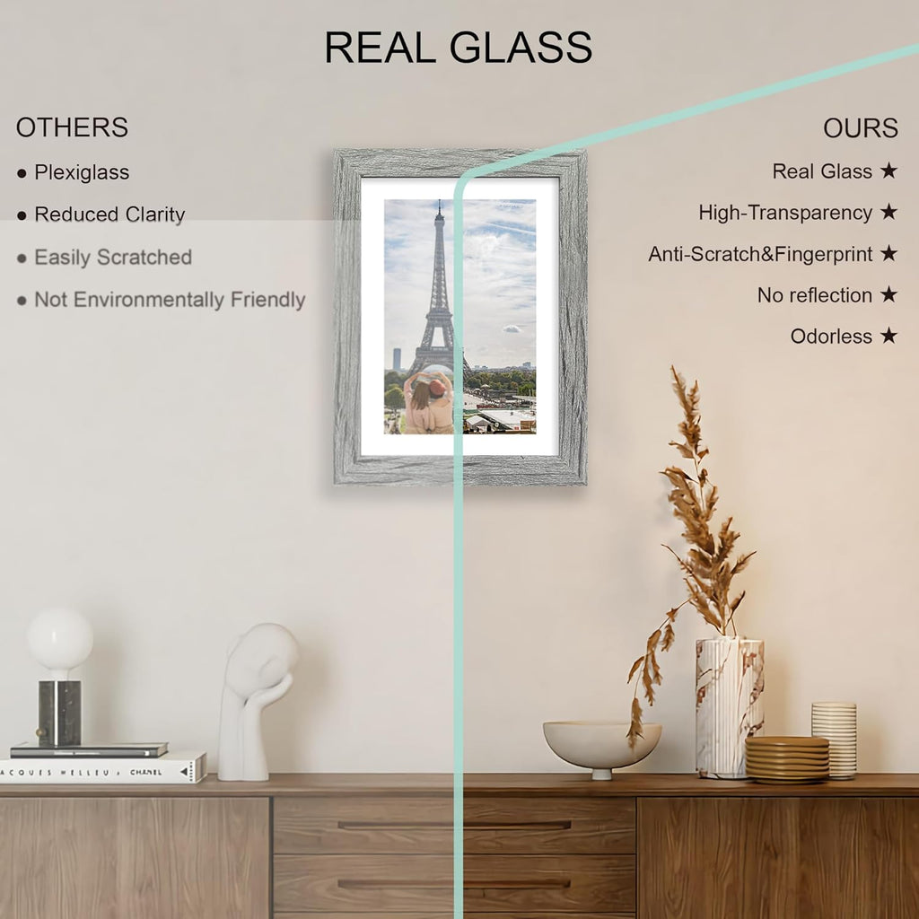 7x10 Picture Frame Set of 4, Made of Real Glass and Grey Frame - Display Picture 5.5x8.5 with Mat or 7x10 Without Mat, 7 by 10 Photo for Wall or Tabletop