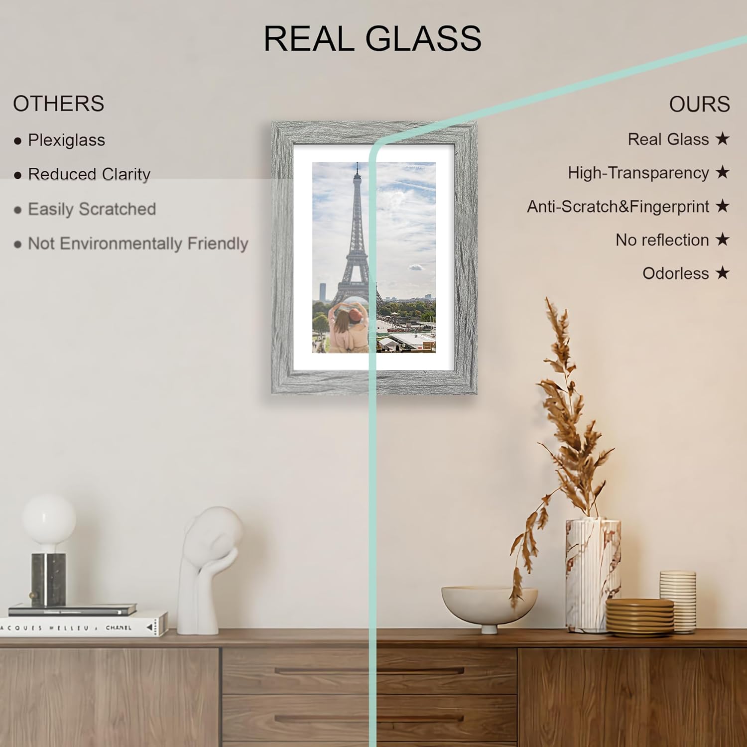 7x10 Picture Frame Set of 4, Made of Real Glass and Grey Frame - Display Picture 5.5x8.5 with Mat or 7x10 Without Mat, 7 by 10 Photo for Wall or Tabletop