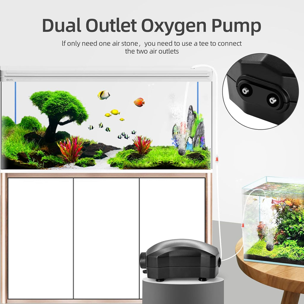 Aquarium Air Pump Single Outlet/Dual Outlet Adjustable Aerator with Accessories for 10-100 Gallon Fish Tank