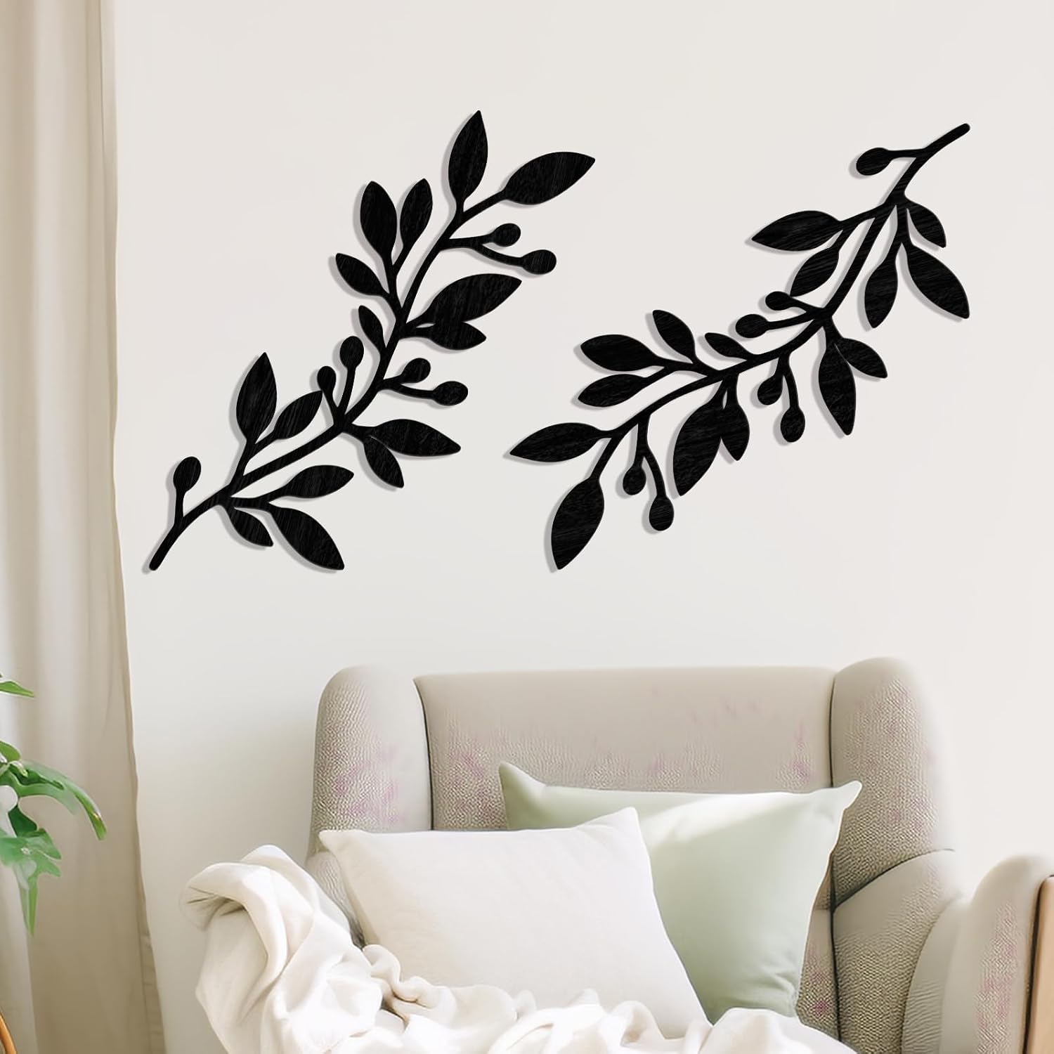 Zzbakress 2 Pcs Colorful Tree Leaf Wall Art Decor Vine Home Wall Decoration Olive Branch Leaf Wall Decor Large Wall Decor for Bedroom, Living Room, Wall Sculptures Indoor Outdoor (Black)