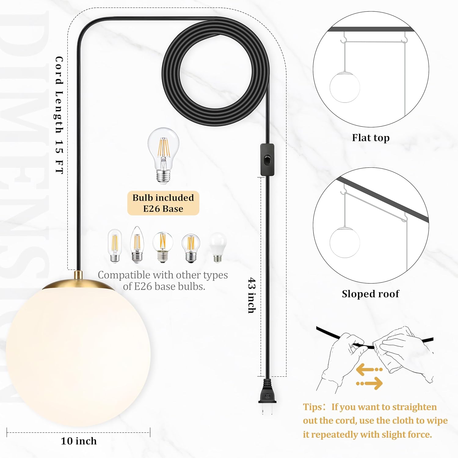 KoKo&Yukina 10" Globe Pendant Light Gold Plug in Pendant Light Adjustable Hanging Lights with Plug in Cord Brushed Gold Finished with Milk Glass Lampshade for Bedroom Kitchen Island（Bulb Included）