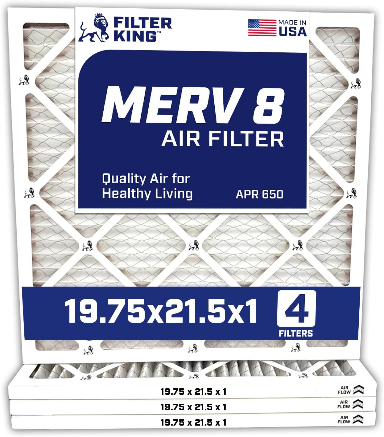 Filter King 19.75x21.5x1 Air Filter | 4-PACK | Carbon MERV 8 HVAC Pleated A/C Furnace Filters | MADE IN USA | Actual Size: 19.75 x 21.5 x .75"