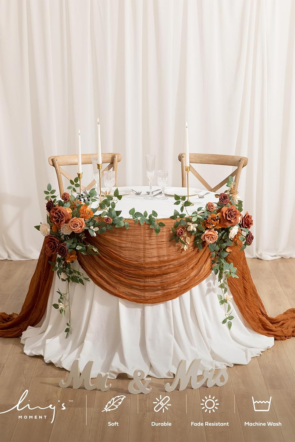 Ling's moment 14Ft Brown Terracotta Table Runner Cheesecloth Gauze Semi-Sheer Burnt Orange Tablecloth for Wedding Party Bridal Shower Boho Table Decor