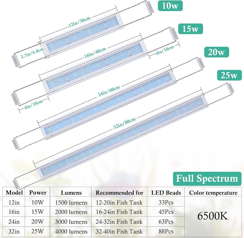 HITOP Full Spectrum LED Aquarium Light – 12” 16” 24” 32” Classic Fish Tank Light with RGB LEDs, with Timer and Stable Extendable Brackets (12-20in)