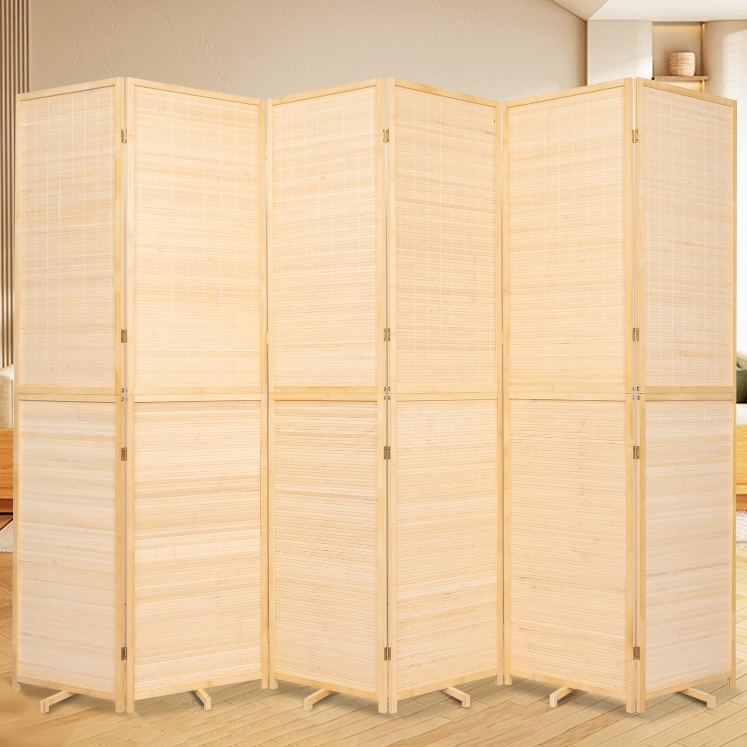 Bamboo Room Divider Folding Privacy Screens, Wall Divider for Room Separation, Portable Room Partitions and Dividers, 5.6FT Bamboo Mesh Woven Room Divider Panel (Beige, 6 Panel)