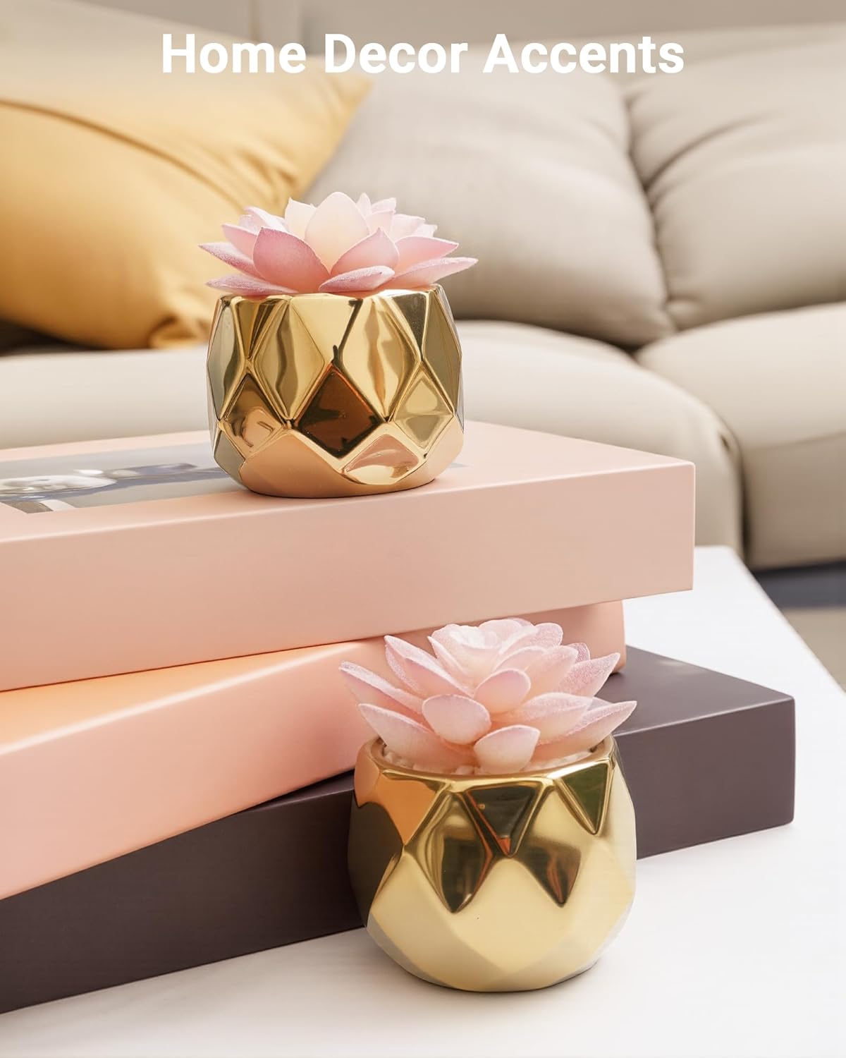 VIVERIE Mini Succulents Plants Artificial in Pots-Pink with Golden Ceramic, Christmas Small Fake Succulents Plants for Home Decor Indoor for Women, Set of 2, Gifts for Mom