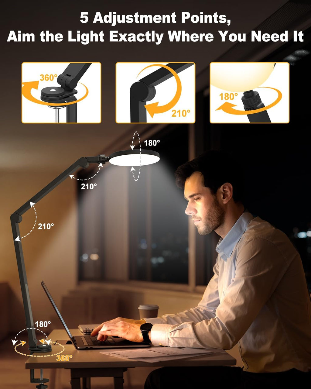 Desk Lamp, ZAPLIT 10W LED Desk Light with Clamp & Adjustable Arm for Home Office, Touch Control Eye-Care Light for Reading with 5 Color Temps (1700K-6000K) & 10 Brightness, Timer, USB Adapter Included