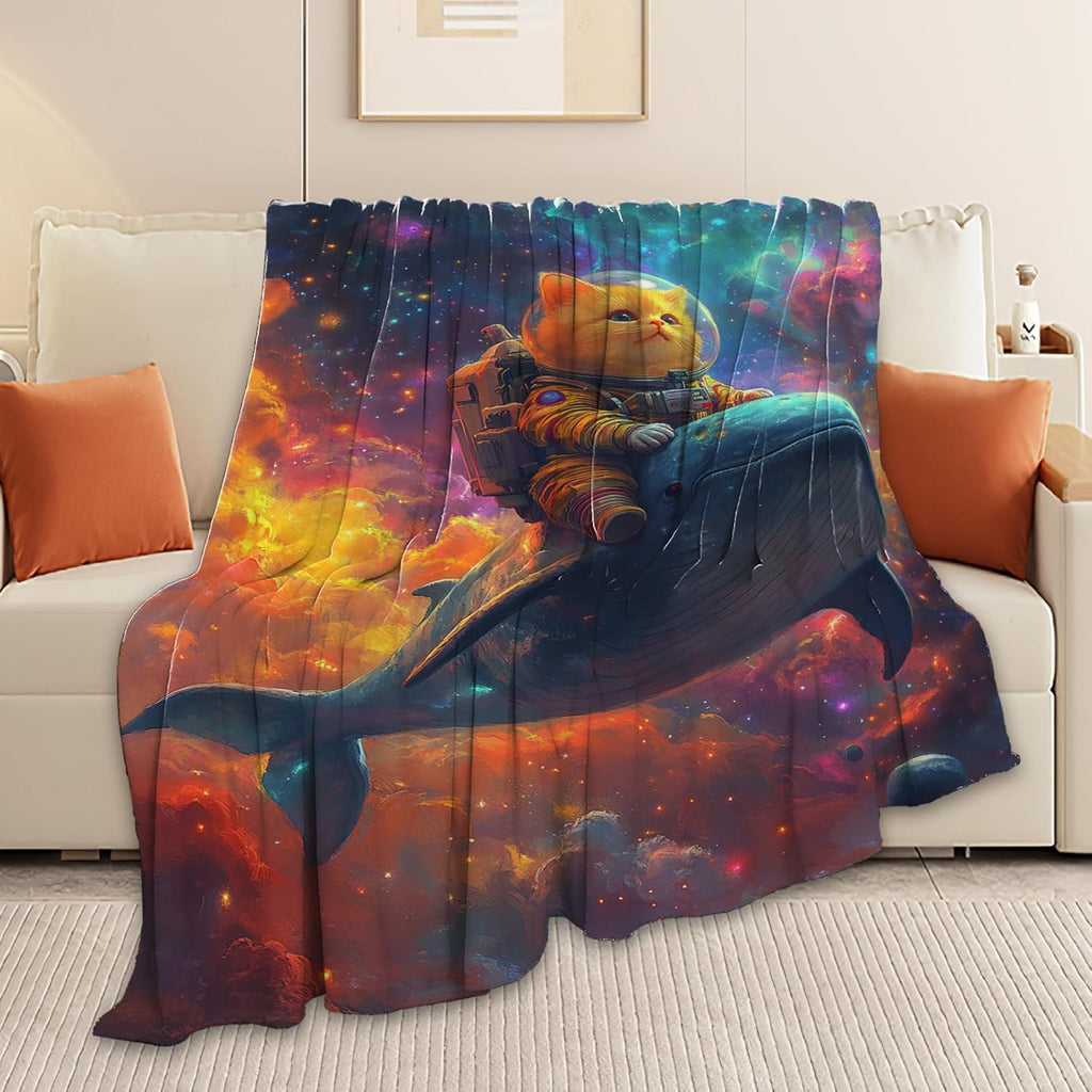 Funny Cat Throw Blanket Universe Space Whale Cat Stuff Gifts for Kids Girls Boys Adults Women Men Soft Cozy Warm Plush Fluffy Fuzzy Fleece Blanket Decor 50''X60''