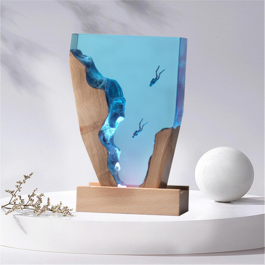 Epoxy Resin Lamp, Ocean Night Light,Artistry Home Decor Bedside Nightlight, Unique Resin Lighting, Nightstand Decorations for Bedroom, Suitable for Holidays(6inch-Two Divers)