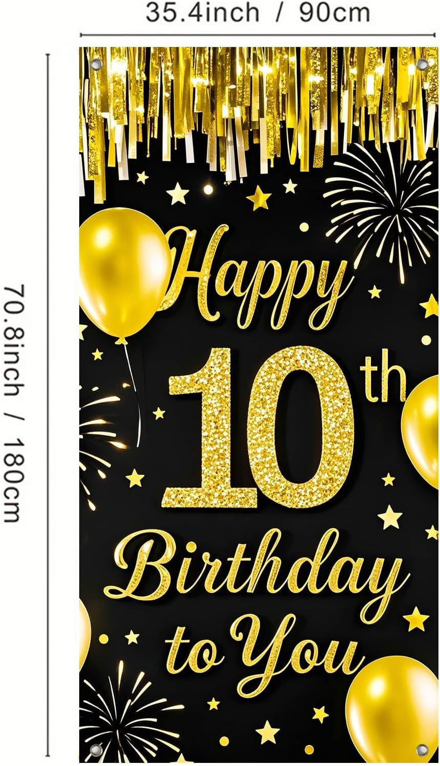IVN 10th Birthday Door Cover 71x35 Inch Black Gold Birthday Banner for Party Decorations Balloons Stars Fireworks Backdrop Sign for Men Women Photo Booth Prop Wall Decor