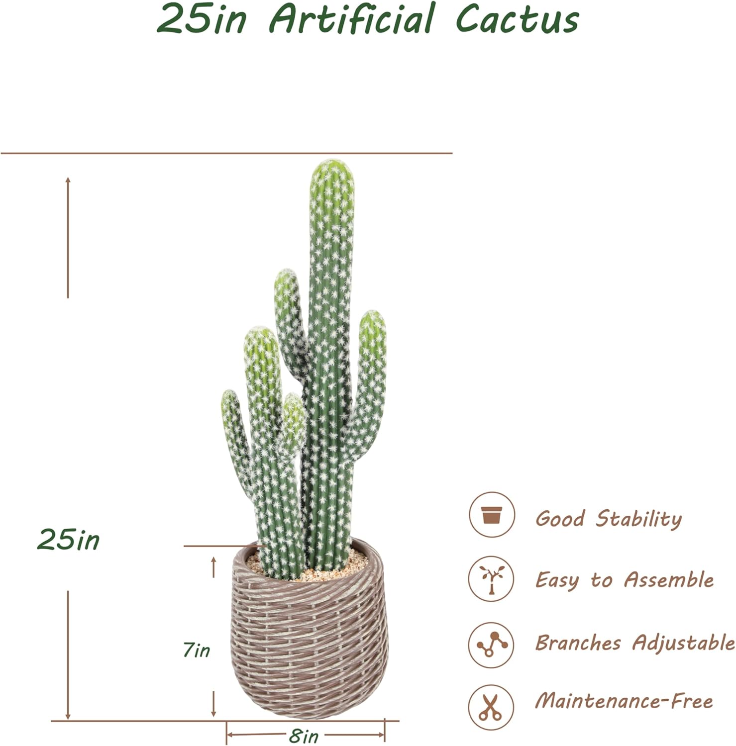 bellacat 25in UV Resistant Fake Cactus with Brown Decorative Pot, Realistic Faux Cactus Plants Indoor, Artificial Cacti for Table Living Room Office Porch Home & Outdoor Decor, 2 Pack