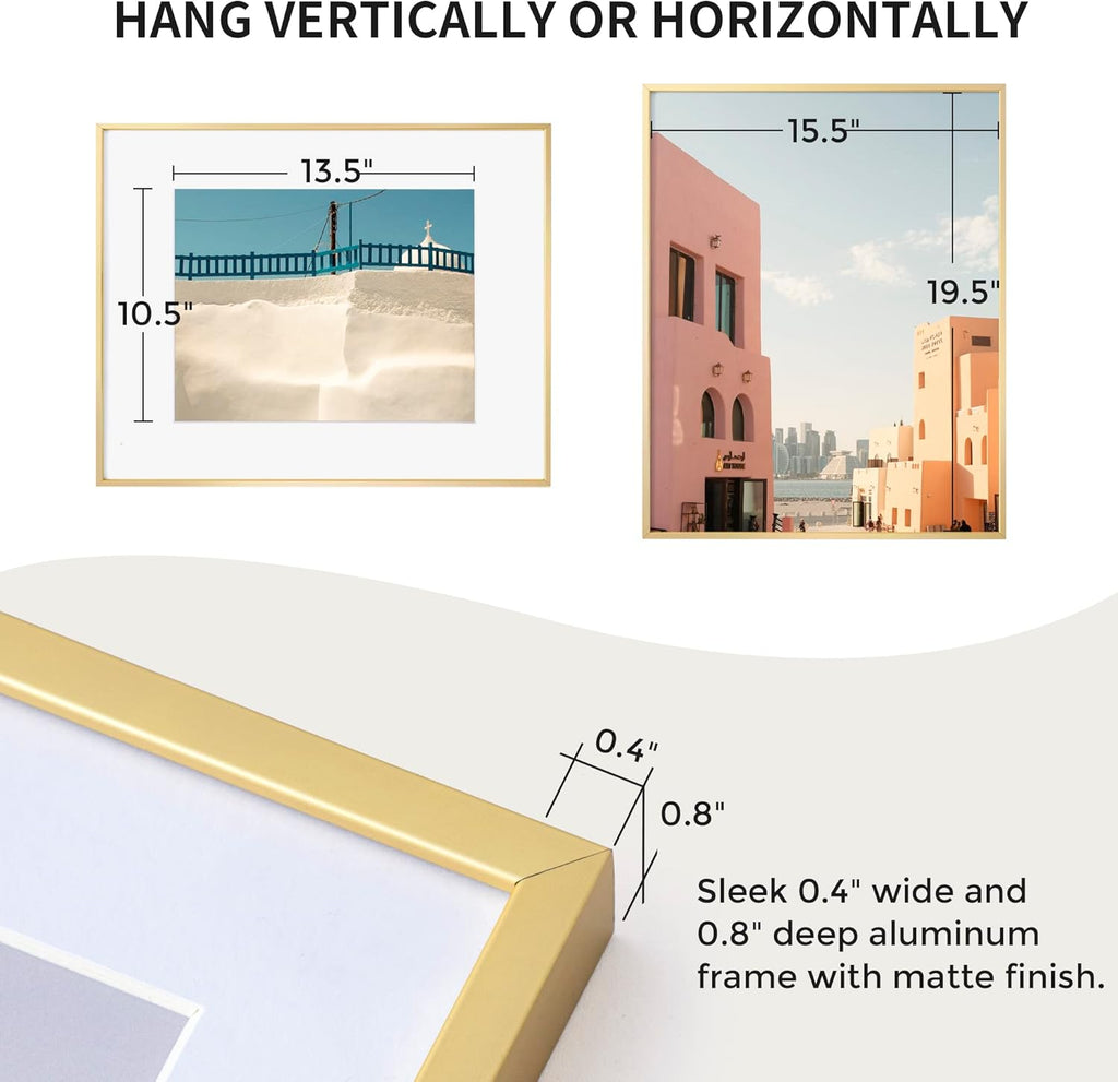 Fun Memories 16x20 Metal Picture Frame with 11x14 Mat, Brushed Aluminum Finish, Tempered Glass Front, and Attached Hanging Hardware(Gold, Pack of 1)