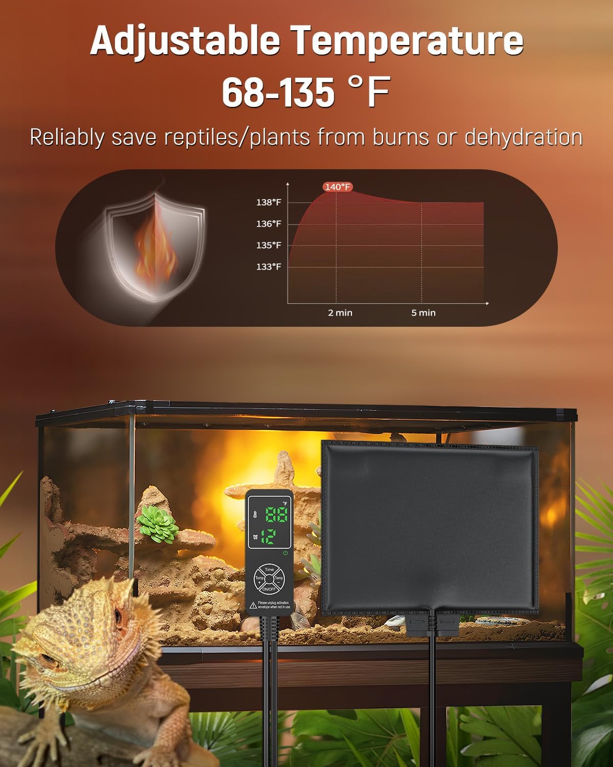 Pawfly Reptile Heat Pad with Thermostat & Timer - Reptile Heating Pad 8 x 5.9 Inch, 7 W Hermit Crabs Heating Pads, Heat Mat for Reptiles Turtles Frogs Snakes Lizards Geckos Plants Seedlings