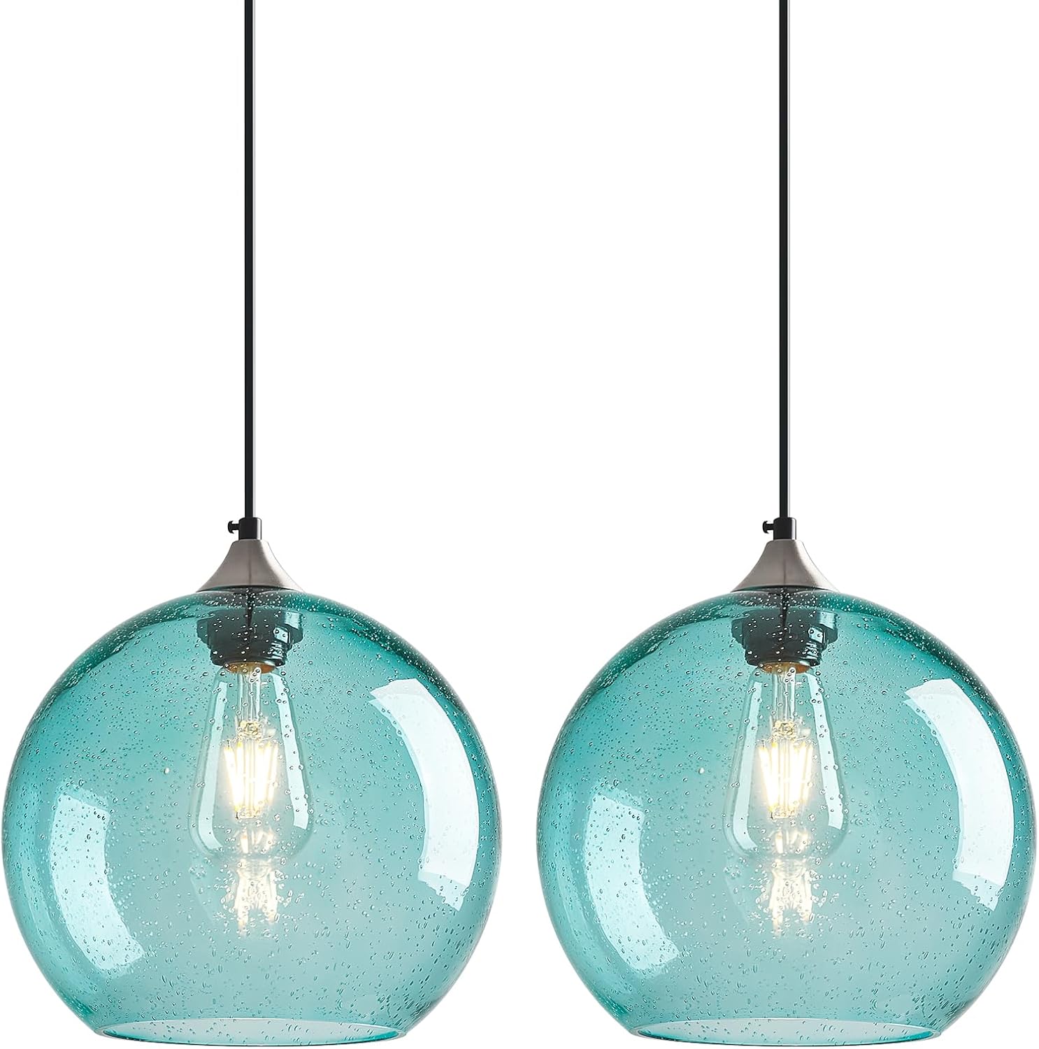 Light Blue Glass Pendant Lights Kitchen Island Globe Pendant Light Fixtures Modern Pendant Lighting for Bedroom Living Dining Room Light Fixture (9.84 in, 2 Pack)
