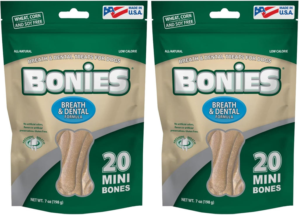 Bonies Natural Breath and Dental Formula Minis-Sized Single Bone - All-Natural Ingredients, Fresh Breath, Cleans Teeth, Low Calories, Chicken Flavor, MINI Dogs, 20 Bones (Pack of 2)