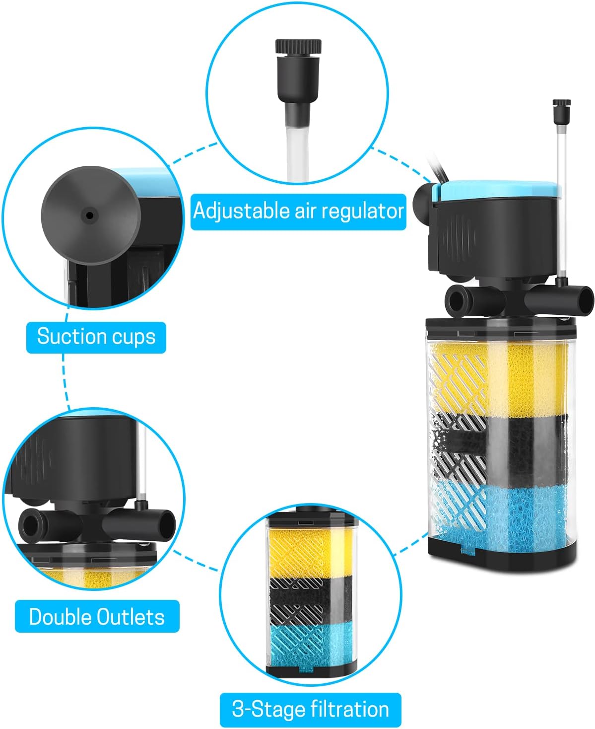 AquaMiracle Aquarium Filter 3-Stage in-Tank Filter Internal Fish Tank Filter Turtle Filter for 70-100 Gallon Fish Tanks with Dual Water Outlet & Aeration