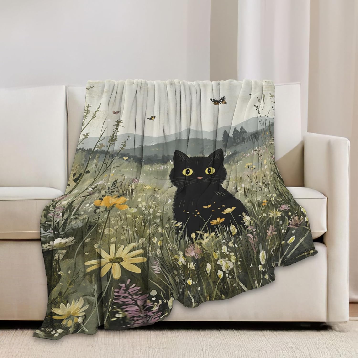 Black Cat Blanket Floral Wildflower Kitten Throw Blankets Gifts for Girls Boys Kids Cat Lover Soft Cozy Fleece Plush for Couch Sofa Bed 60"x50"