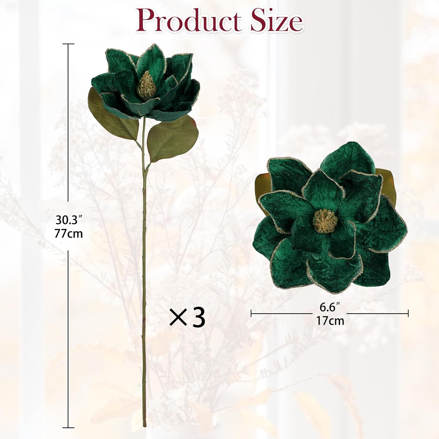 Briful Set of 3 Artificial Christmas Magnolias Flowers – 30’’ Long Stem Faux Magnolia Stems for Tree Ornaments, Holiday Centerpieces & Christmas Decor,Green