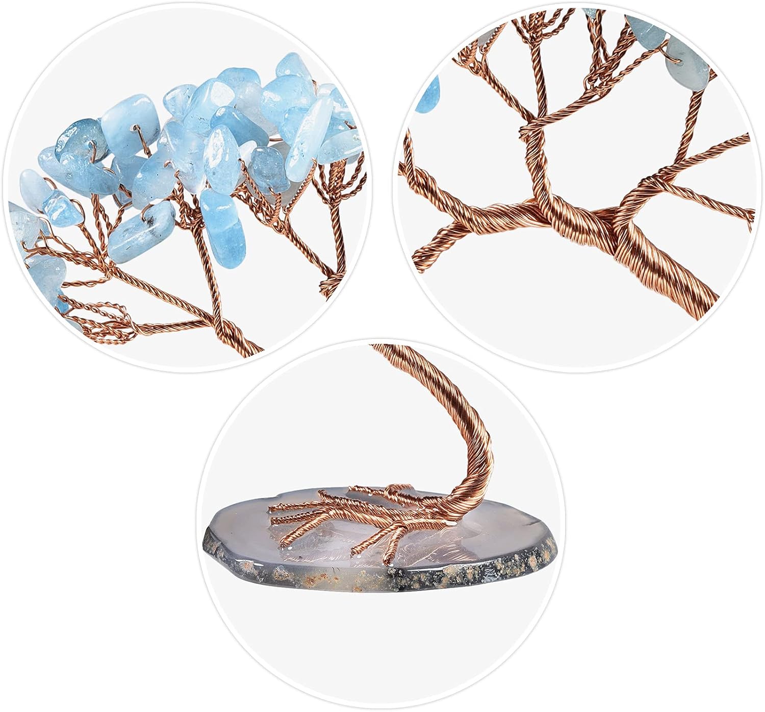 mookaitedecor Natural Aquamarine Crystal Money Tree Agate Slice Base Feng Shui Bonsai Crystal Tree for Wealth Luck Desk Decor, 3-4 Inch High
