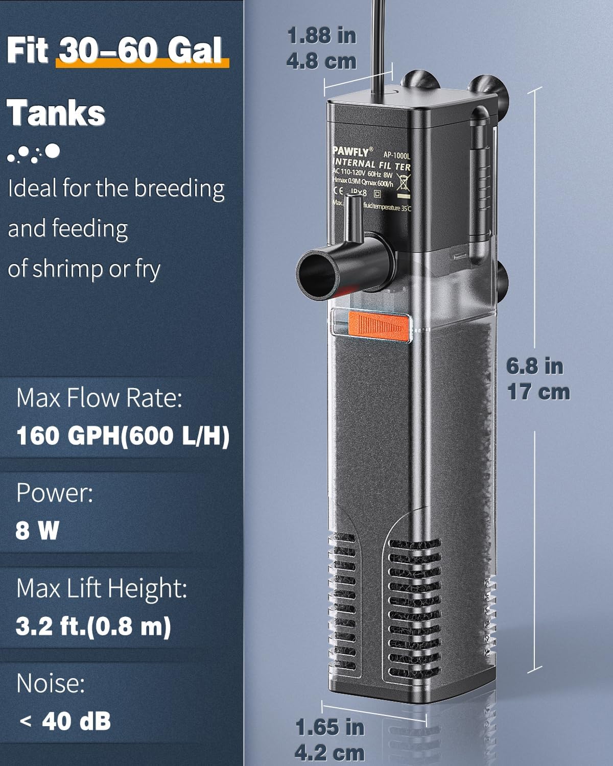 Pawfly Internal Aquarium Filter with 160 GPH Water Pump Quiet Submersible Bio Sponge Foam Filter for 30 to 60 Gallon Fish Tanks Multifunctional Filter for Filtration Circulation and Oxygenation