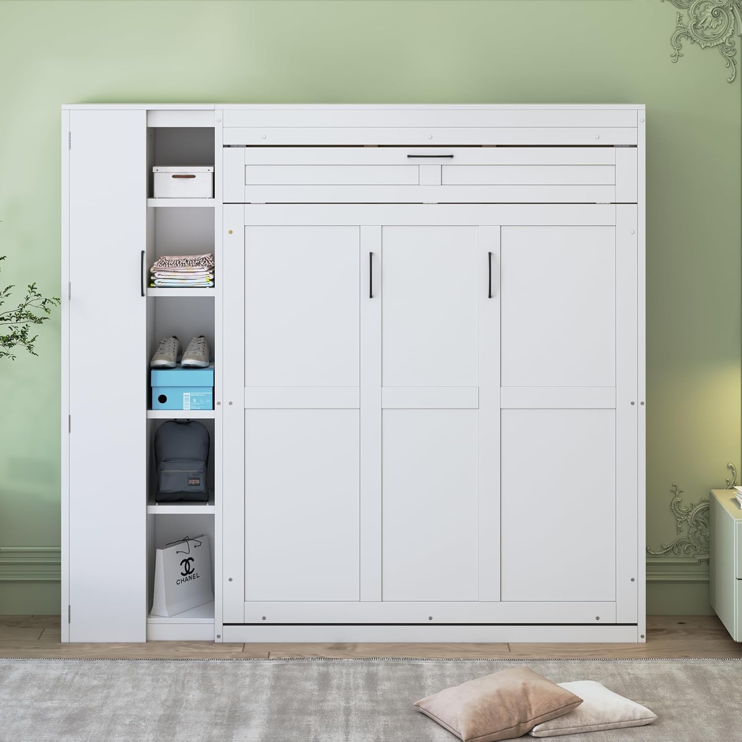 Merax Full Size Murphy Bed Wall Bed with Shelves, Drawers and LED Lights,White