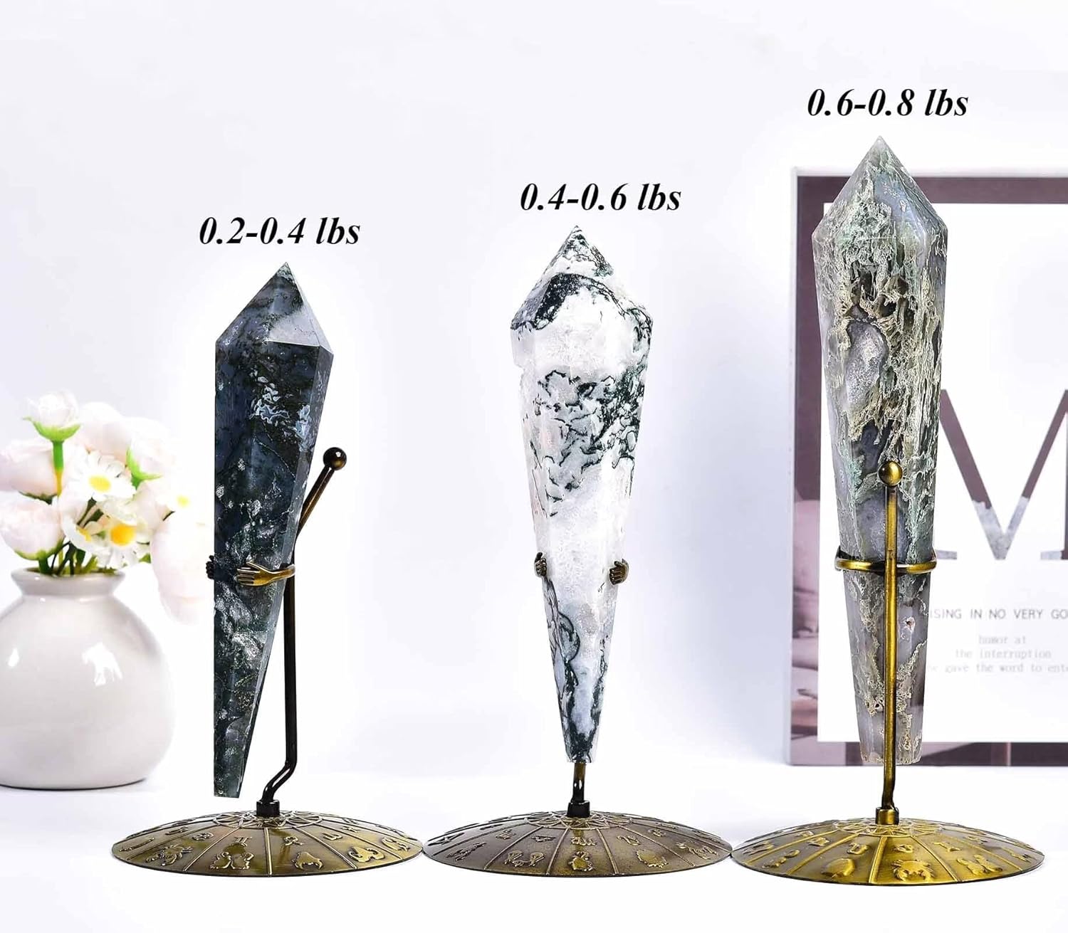 Moss Agate Wand Point Long Healing Crystal Scepter Decorative Stone Reiki Meditation with Display Stand Home Office Decor 0.8-1.1LBS