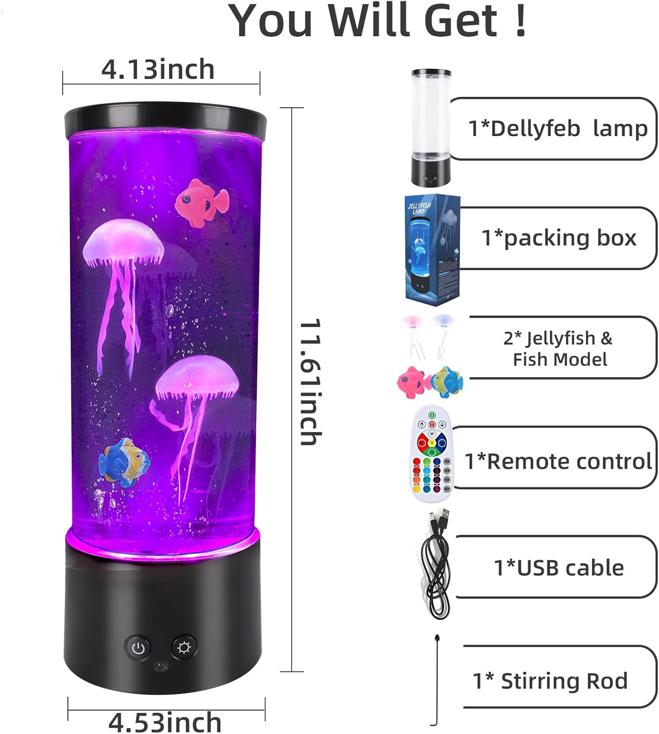 PINPON Jellyfish Lamp Color Changing Artificial Fish Tank with USB & Battery Powered Option 4 Lighting Modes Aquarium Lamp with Remote Control Mood Light for Relax