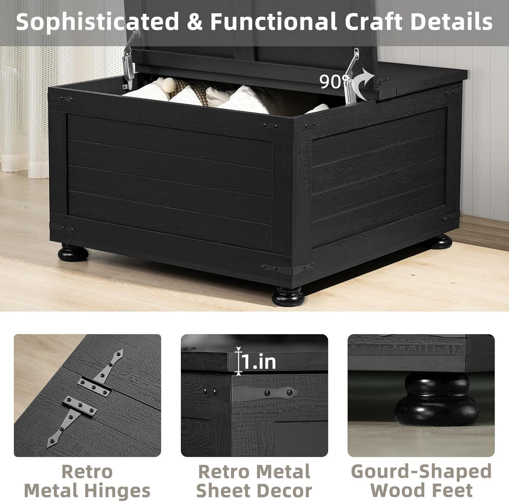 Farmhouse Coffee Table with Hidden Storage,Wood Square Center Table for Living Room, Large Rustic Cocktail Tables with Flip-Top Lids, Farm House Tables with Wooden Gourd Feet,Natural Black