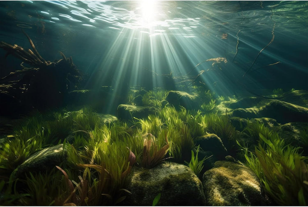 Underwater Aquarium Background Under The Sea Aquatic Grass with Sunbeams Terrarium Background Underwater Rocks with Moss Fish Tank Background Tranquil Natural Underwater Seascape Backdrop 36x20in