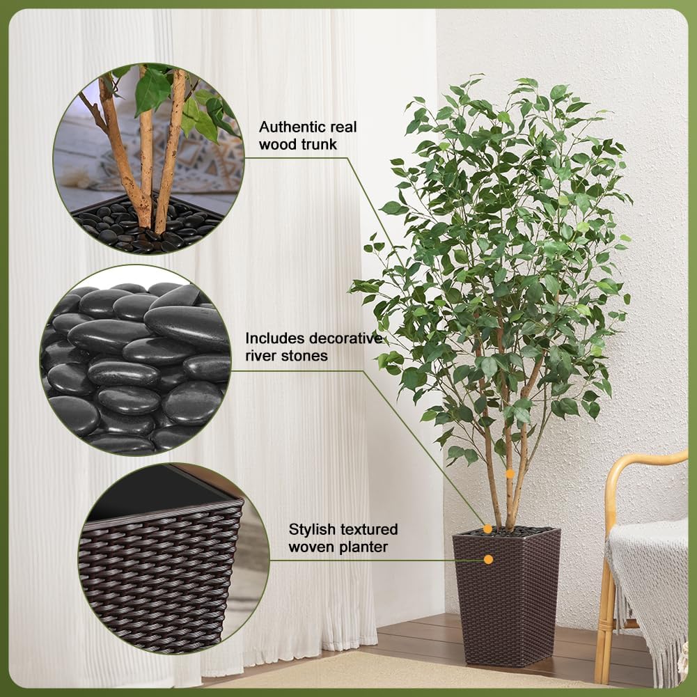 6ft Artificial Ficus Tree,Tall Faux Tree with Silk Leaves & Real Wood Trunk,UV Resistant Potted Fake Plant with Pebbles & Planter-Indoor Outdoor Floor Plant for Home Living Room,VN129