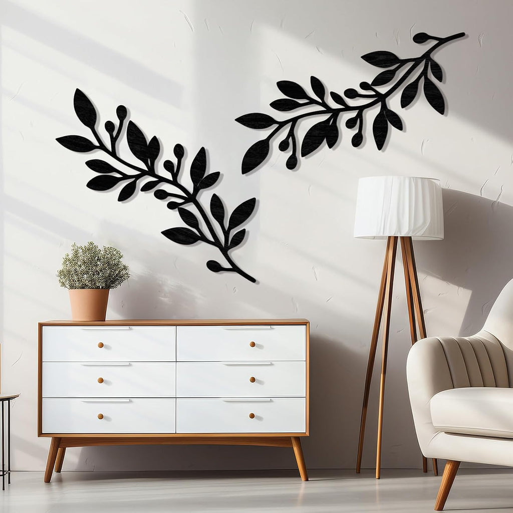 Zzbakress 2 Pcs Colorful Tree Leaf Wall Art Decor Vine Home Wall Decoration Olive Branch Leaf Wall Decor Large Wall Decor for Bedroom, Living Room, Wall Sculptures Indoor Outdoor (Black)