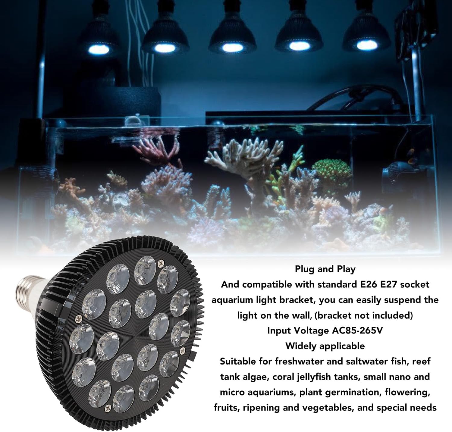 LED Aquarium Lights, Full Spectrum Aquatics Plants Grow Lamp, Lamp Refugium Light for Corals Marine Algaes Turtles Habitats