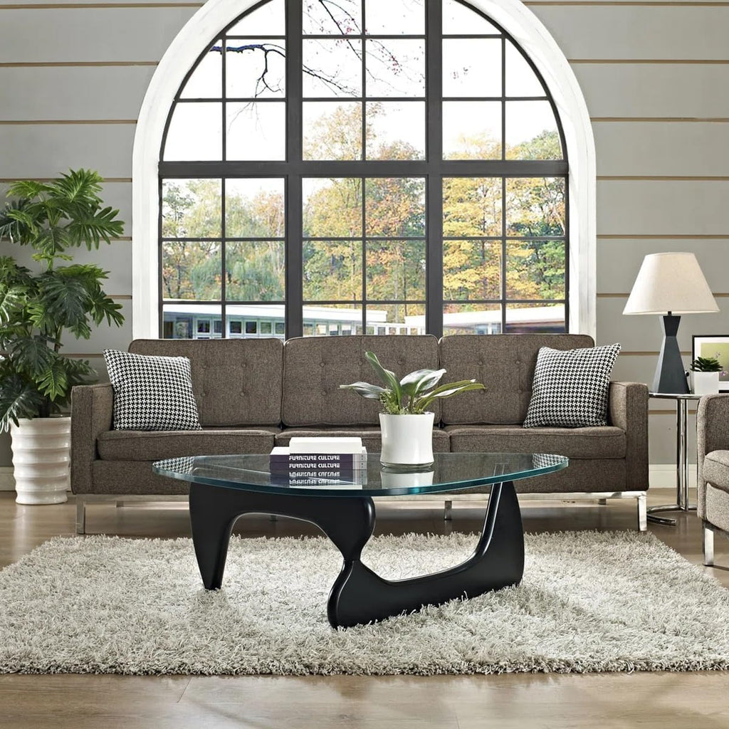 Triangle Glass Coffee Table Modern Noguchi Coffee Table, Vintage Glass, and Wood End Table, Solid Wood Base and Clear Glass Top Accent Coffee Table, for Living Room, Patio