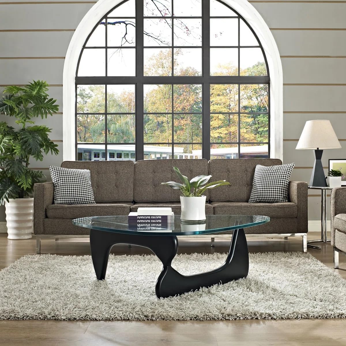 Triangle Glass Coffee Table Modern Noguchi Coffee Table, Vintage Glass, and Wood End Table, Solid Wood Base and Clear Glass Top Accent Coffee Table, for Living Room, Patio