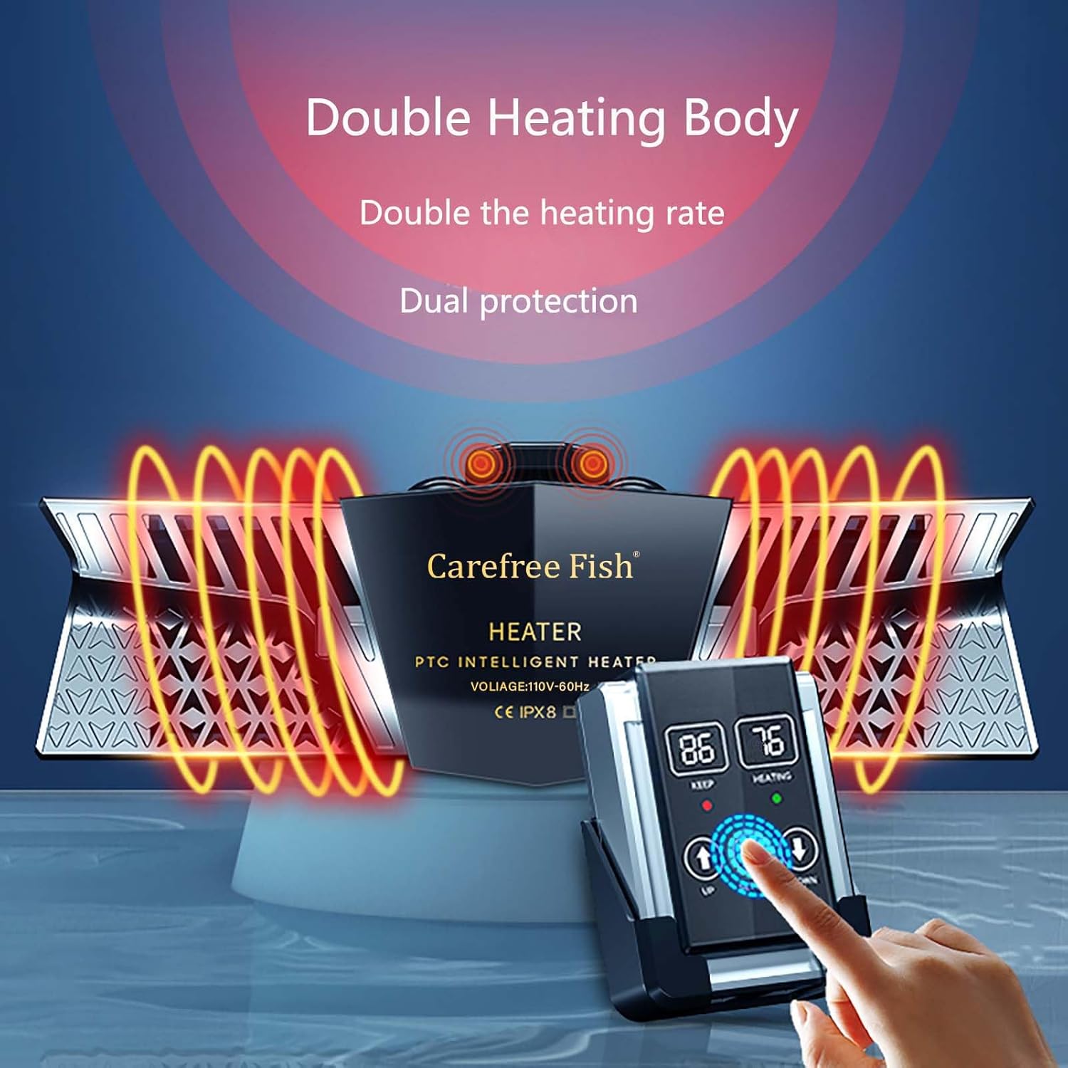 Carefree Fish Aquarium 500W 2IN1 PTC Ceramic Heater PID Control Digital Dual Independent Chip Control The Safest Most Accurate and Fastest Heater for Freshwater and Saltwater Tank (No Cooking Fish)