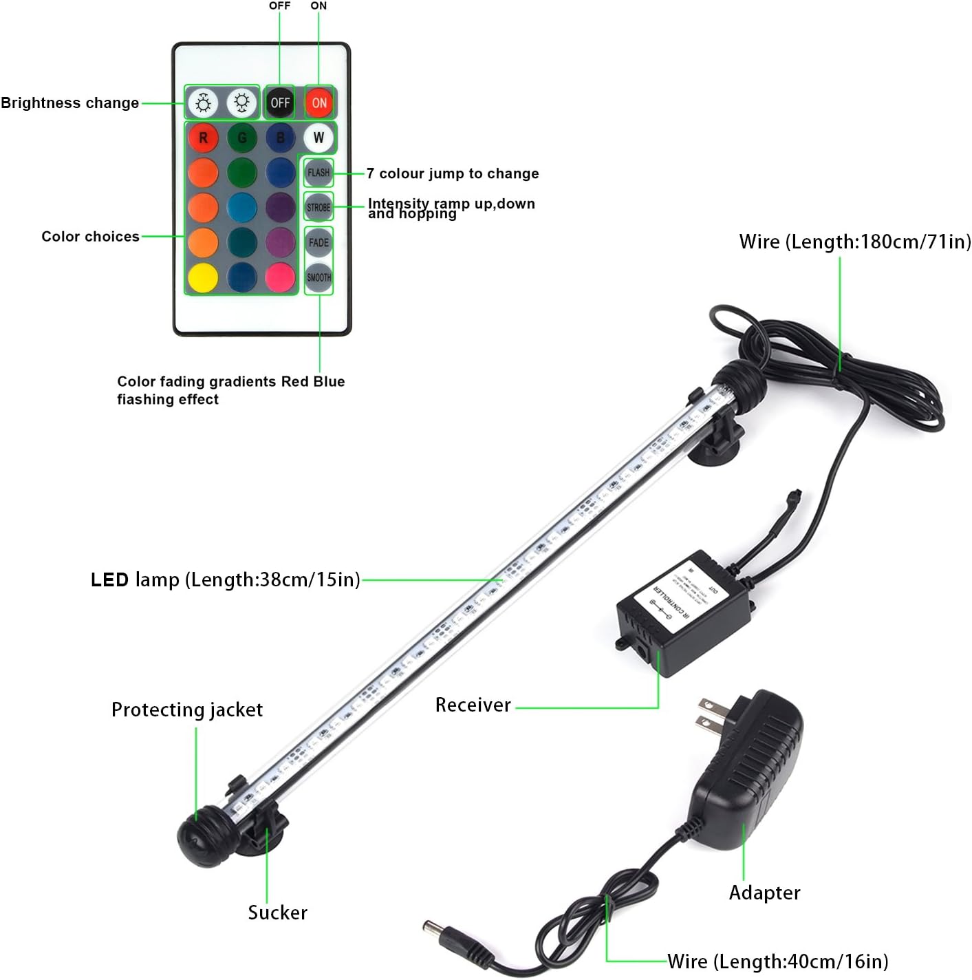 LED Aquarium Lights, Underwater Fish Tank Light RGB Waterproof Color Changing Submersible 16 Color 4 Modes Brightness Adjustable Memory Function Sucker Hang Lighting Strip, 15 inch