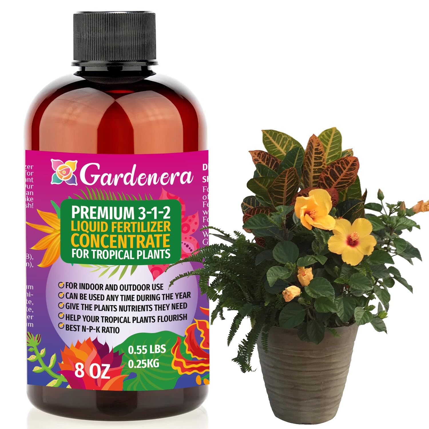 Gardenera Premium Liquid Fertilizer - 3-1-2 Concentrate for Tropical Indoor Plants & Flowers - Organic Plant Food, 8oz
