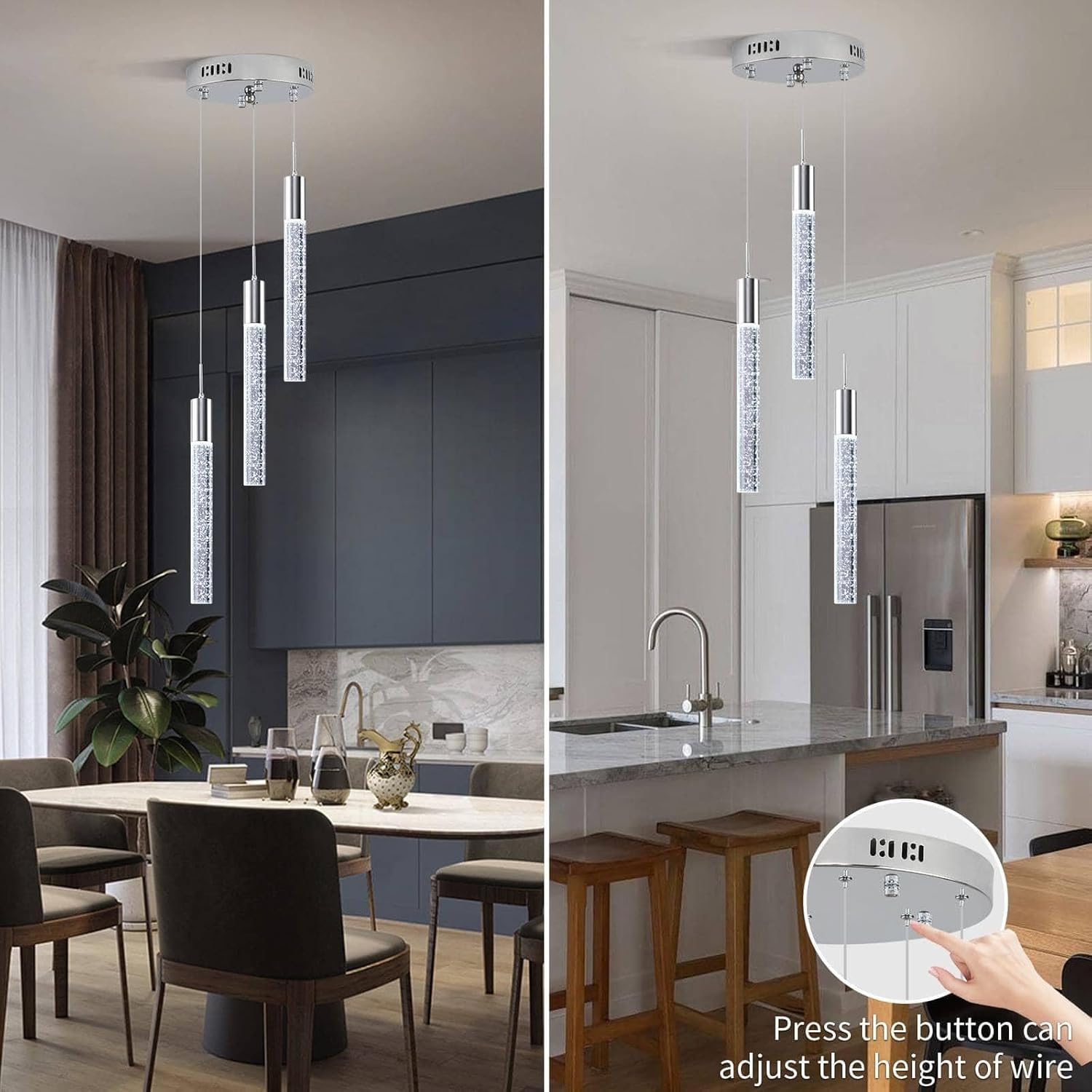 Modern Crystal Chandelier 3-Lights, Spiral LED Raindrop Kitchen Island Pendant Lighting, Bubble Foyer Dinimg Room Hanging Light Fixture Remote Control Chrome