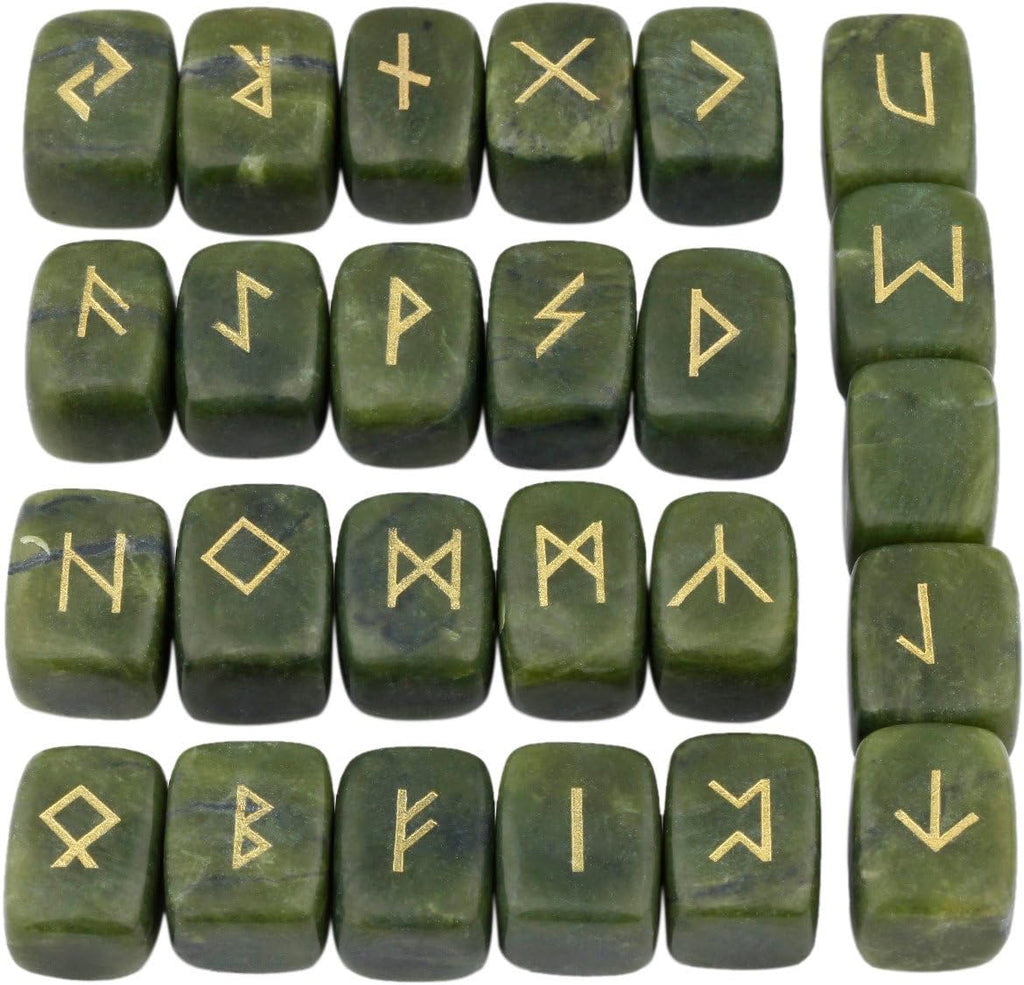 rockcloud Green Jade Rune Stones Tumbled Engraved Lettering Crystal Set for Wicca Crystals Healing Chakra Reiki