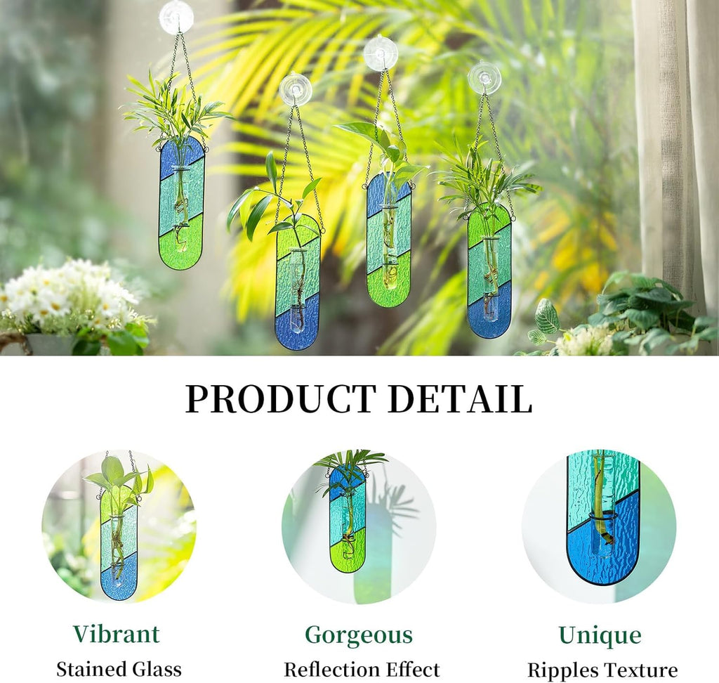 Hewory Stained Glass Plant Propagation Hanging 2 Pcs Propagation Station Planters for Window Decor - Unique Hydroponic Propagated Plant Holders for Kitchen Gifts for Mom
