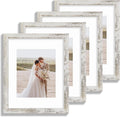 11x14 Picture Frame Set of 4, Made of Glass and Distressed White Wooden Frame, Display 8x10 Pictures with Mat or 11 x 14 Posters without Mat for Wall Mounting, Gallery Photo Frames