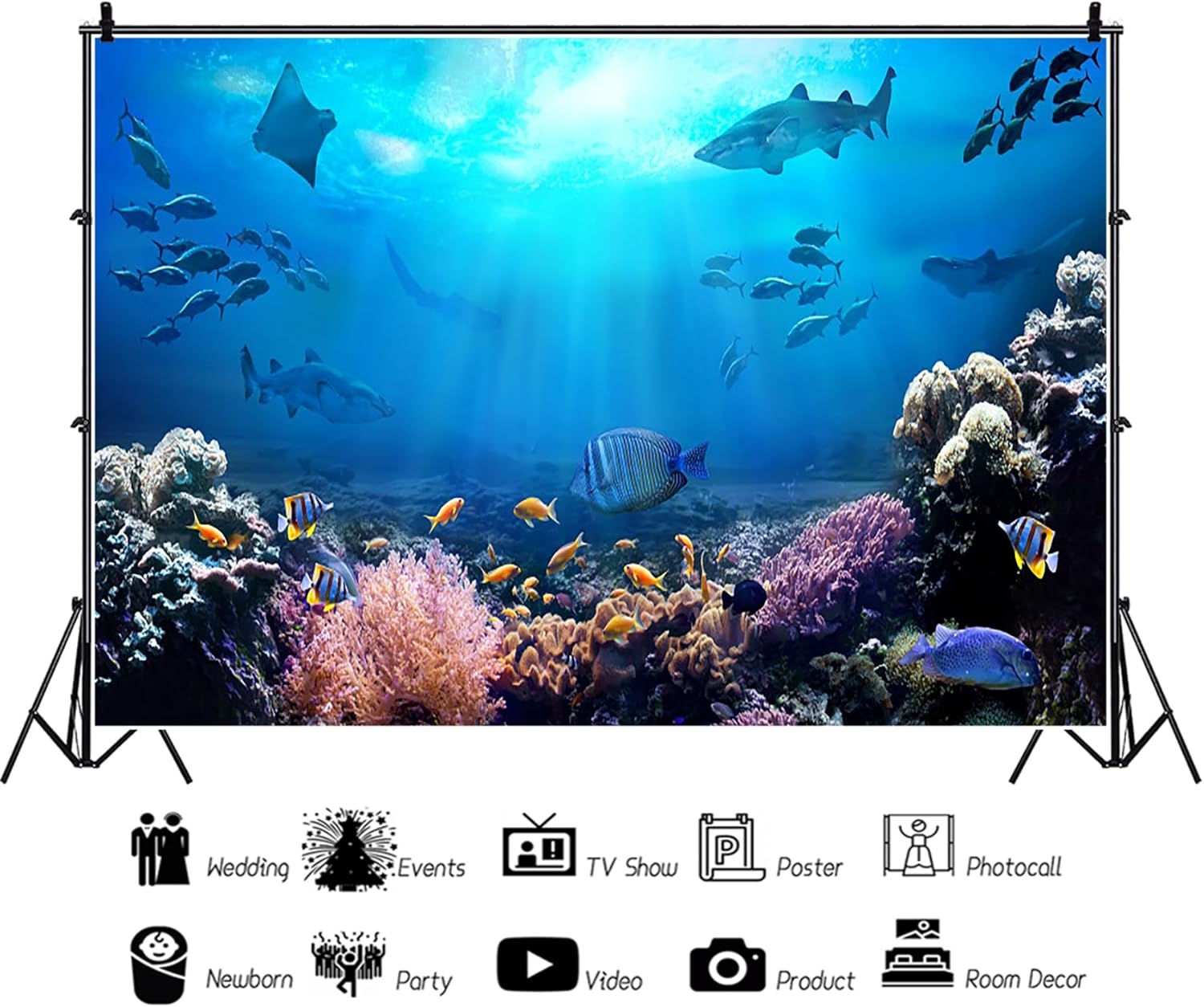 AOFOTO 10x7ft Underwater World Backdrop for Photography Aquarium Seabed Rocks Lights Coral and Fishes Tropical Ocean Scene Under The Sea Background Kids Party Decoration Banner Photobooth Props